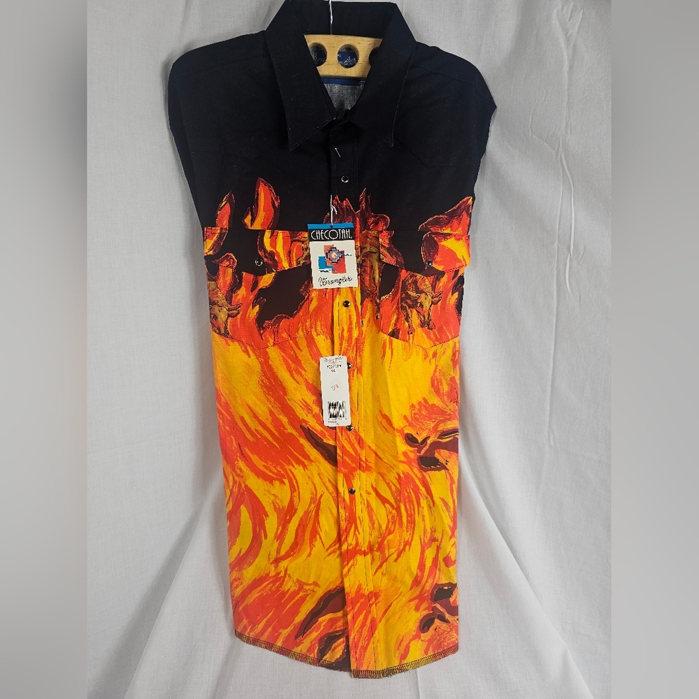 VTG Wrangler Pearl Snap Shirt XXL Western Cowboy Flames Bull Rockabilly Fire 90s